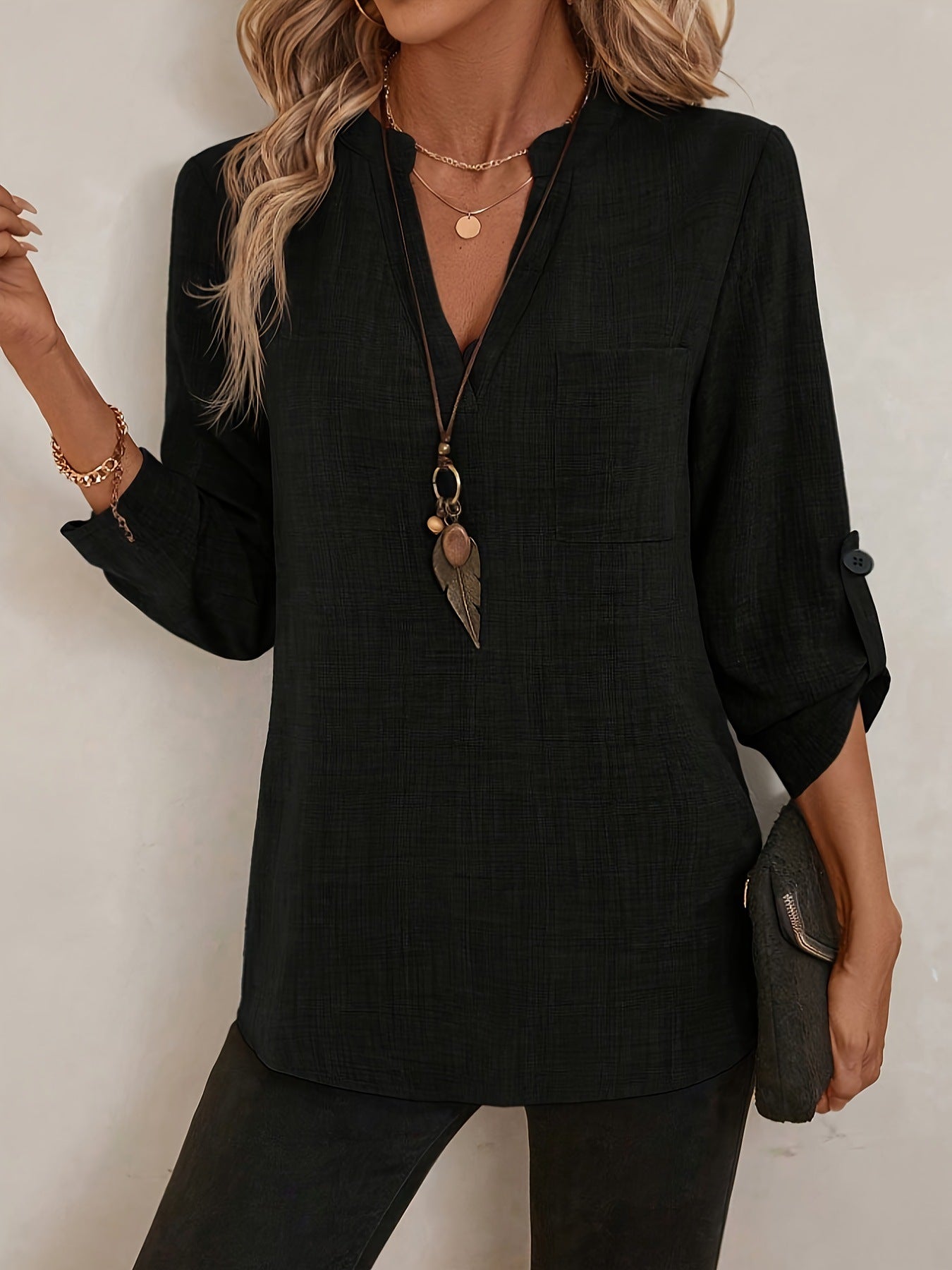 European And American Solid Color Ladies V-neck Shirt - Black / S