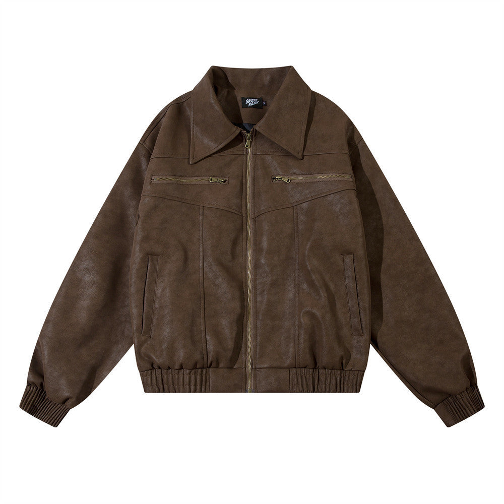 American Street Hip Hop Casual Flying Motorcycle PU Leather Jacket - Brown / M