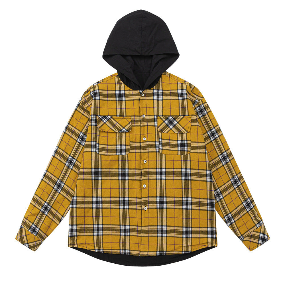 European And American Style Colorblock Hood Plaid Long Sleeve Shirt