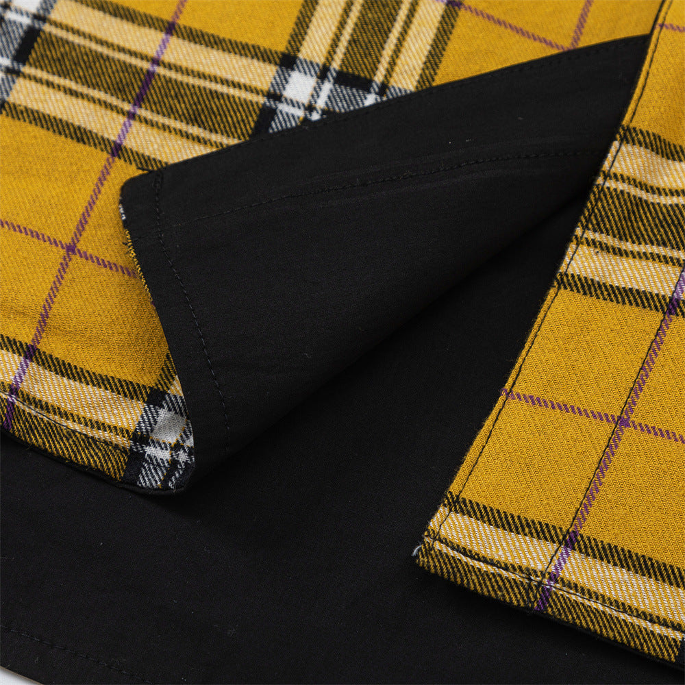 European And American Style Colorblock Hood Plaid Long Sleeve Shirt