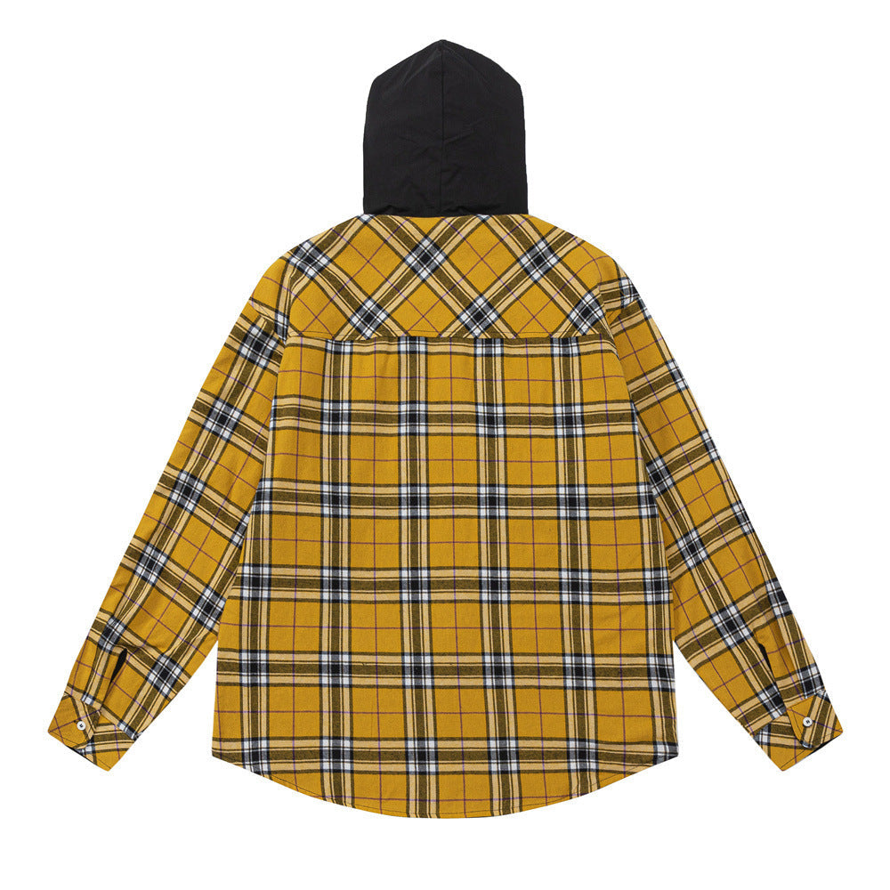 European And American Style Colorblock Hood Plaid Long Sleeve Shirt