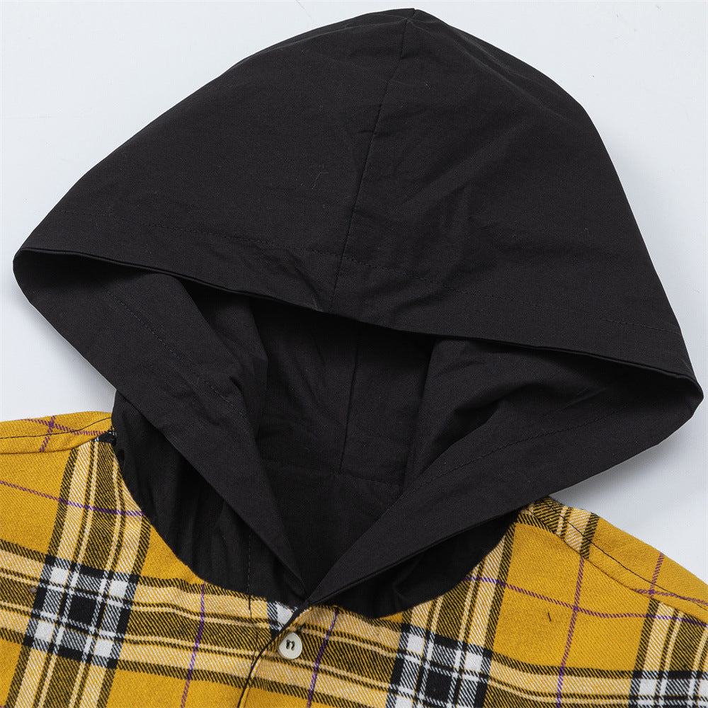 European And American Style Colorblock Hood Plaid Long Sleeve Shirt