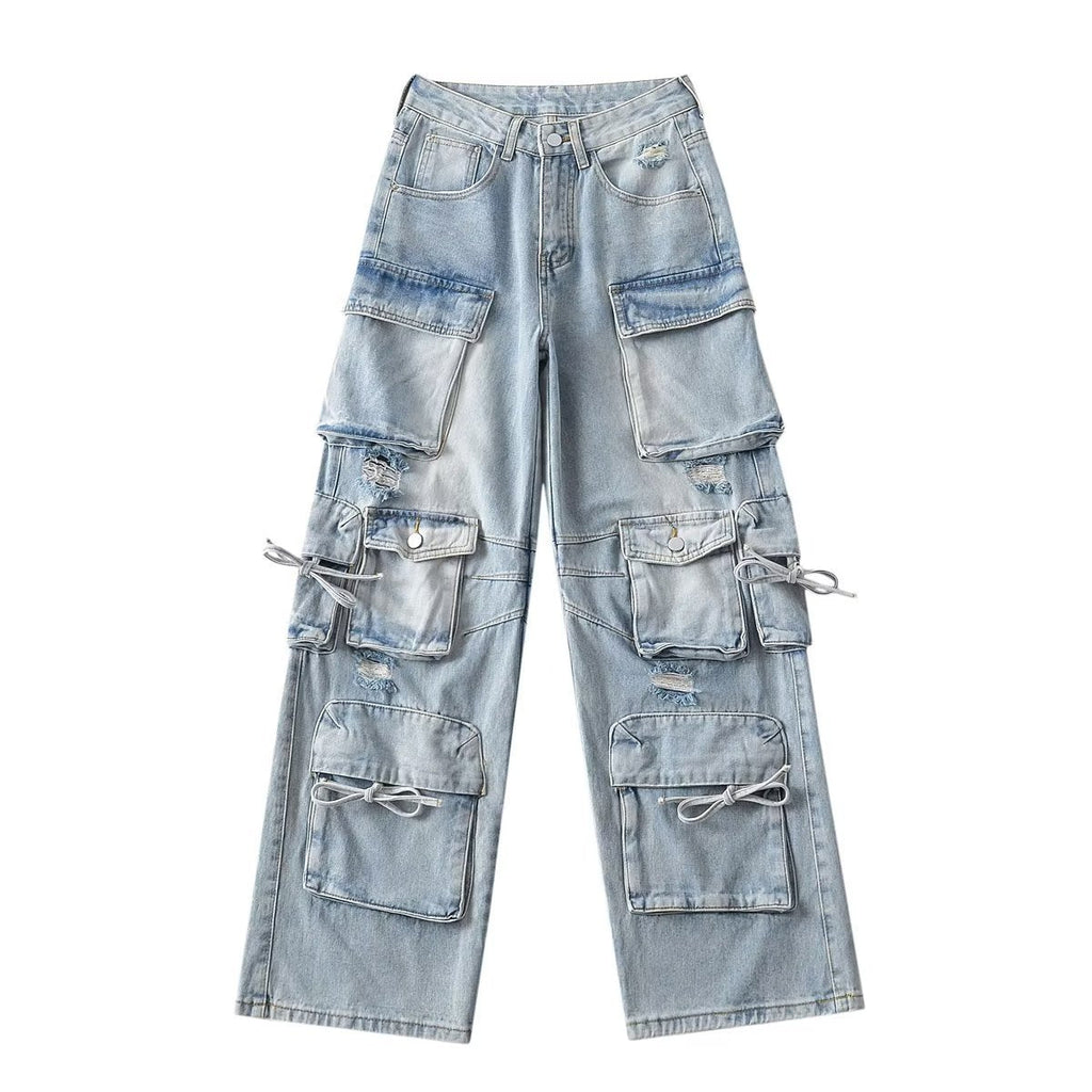 American Style Fashion Work Clothes Style Straight-leg Denim Trousers - Blue / S