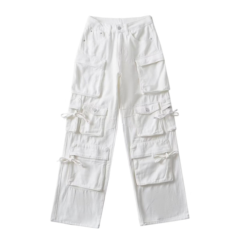 American Style Fashion Work Clothes Style Straight-leg Denim Trousers - White / S