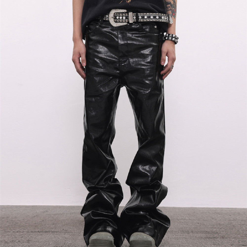 Coated Oil Wax Glossy Micro Flared Jeans - Black / M