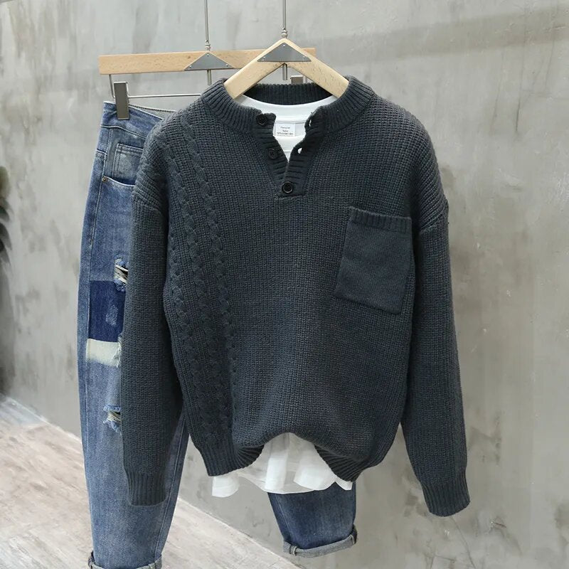 American Style Retro Pullover Men Fashion Brands Loose Pockets All-match Casual Sweater - Navy Blue / M