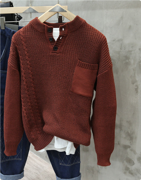 American Style Retro Pullover Men Fashion Brands Loose Pockets All-match Casual Sweater - Wine Red / L