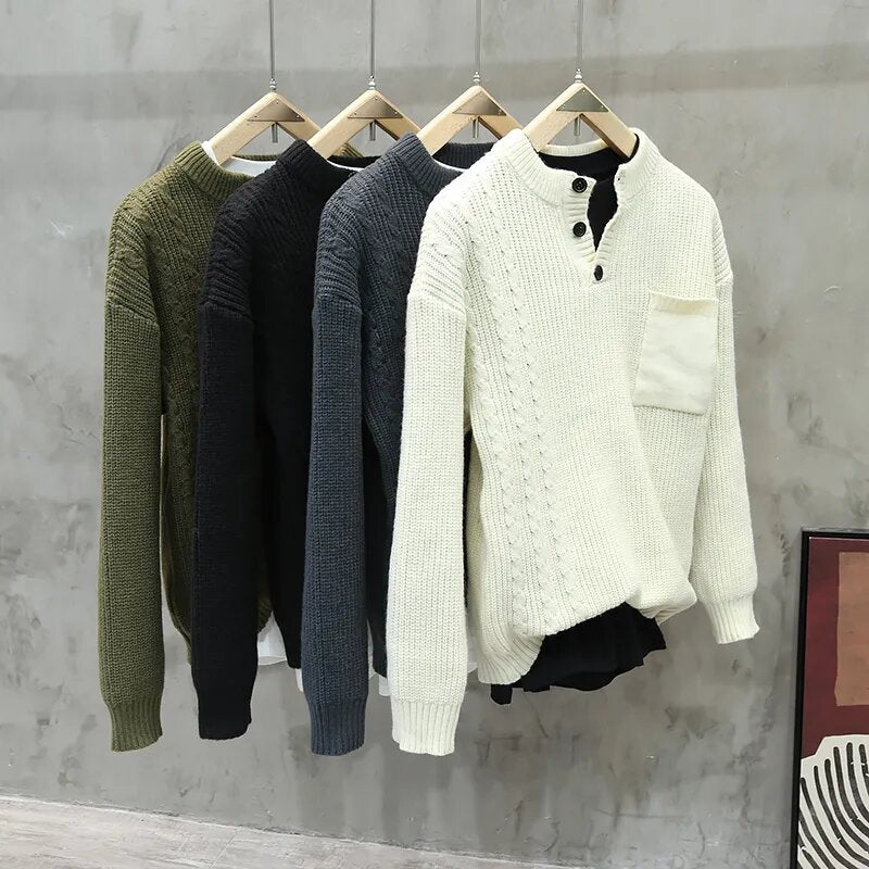 American Style Retro Pullover Men Fashion Brands Loose Pockets All-match Casual Sweater