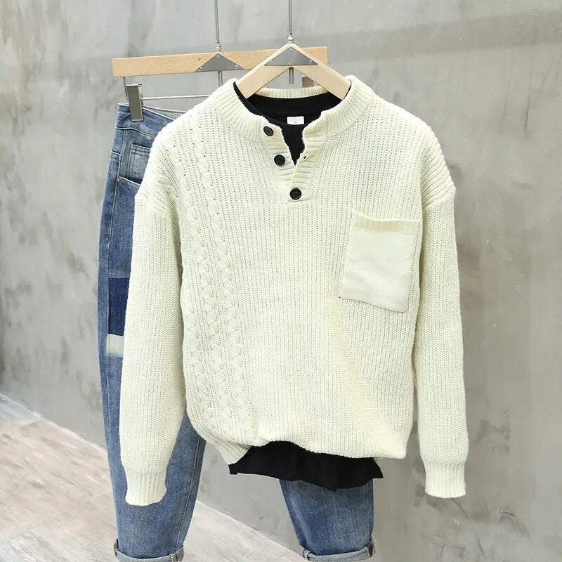 American Style Retro Pullover Men Fashion Brands Loose Pockets All-match Casual Sweater - Beige / M