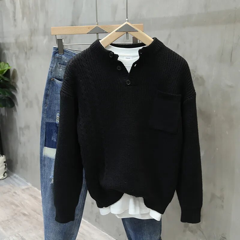American Style Retro Pullover Men Fashion Brands Loose Pockets All-match Casual Sweater - Black / M