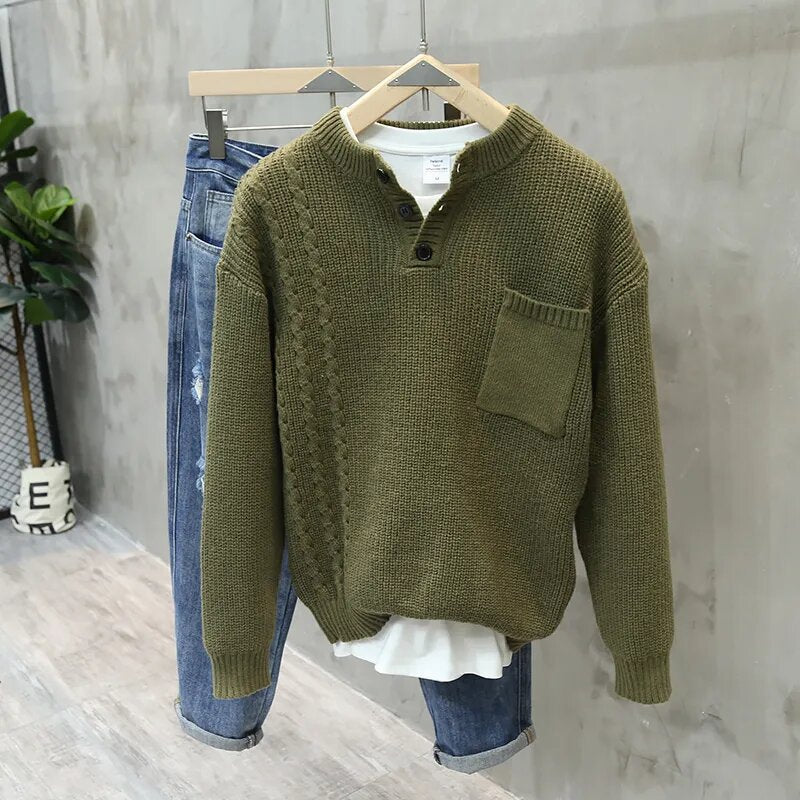 American Style Retro Pullover Men Fashion Brands Loose Pockets All-match Casual Sweater - Army Green / M