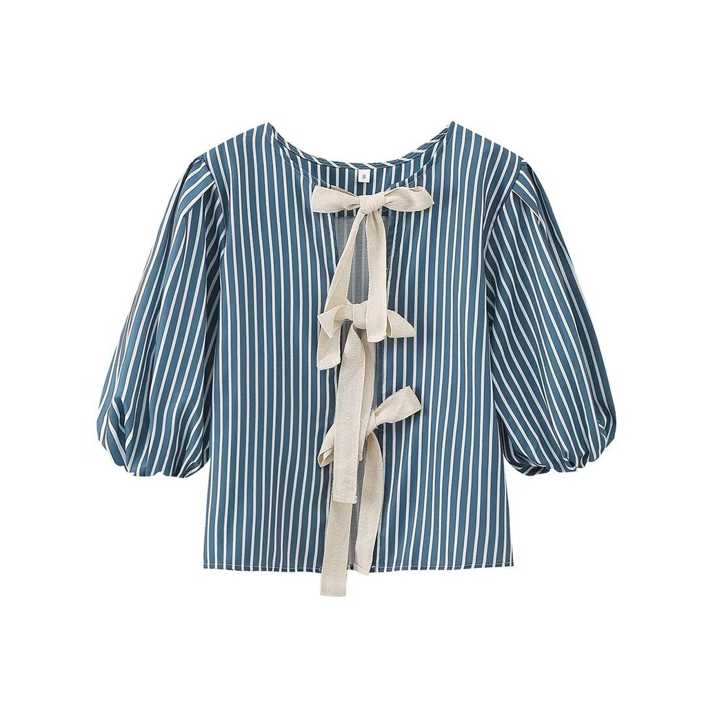 European And American Style Women’s Striped Bow Lace-up Top