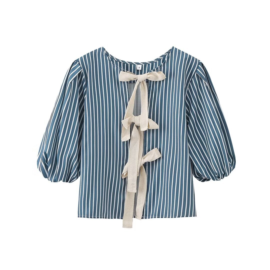 European And American Style Women’s Striped Bow Lace-up Top