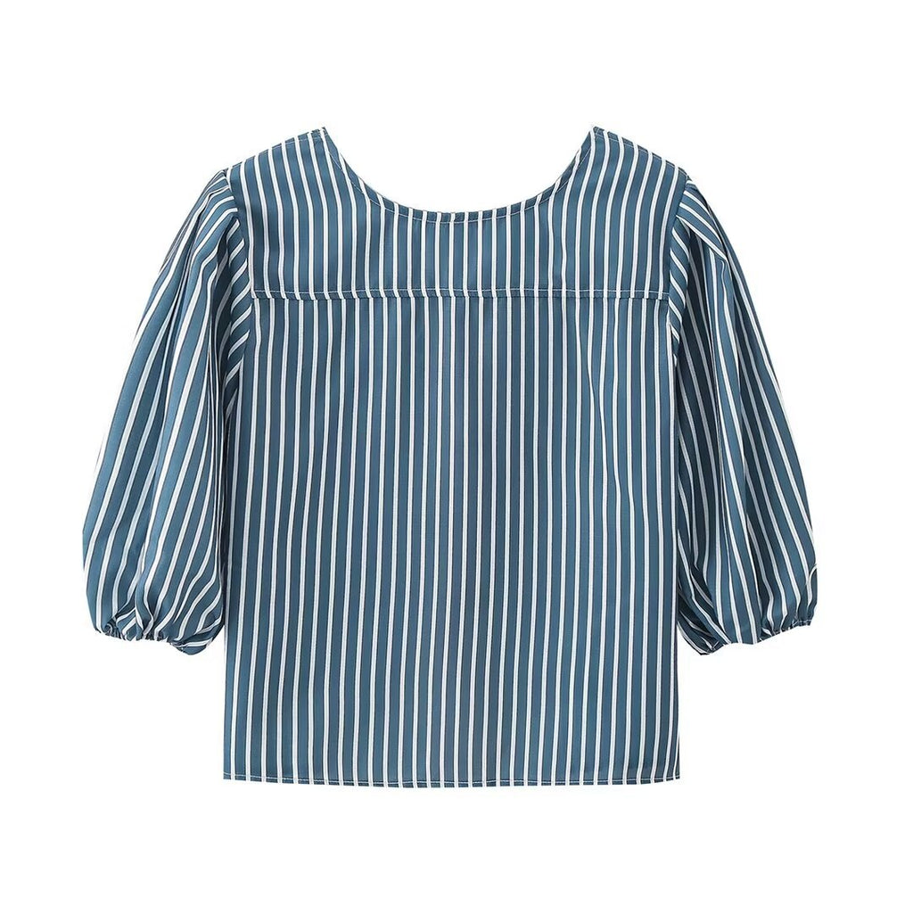 European And American Style Women’s Striped Bow Lace-up Top