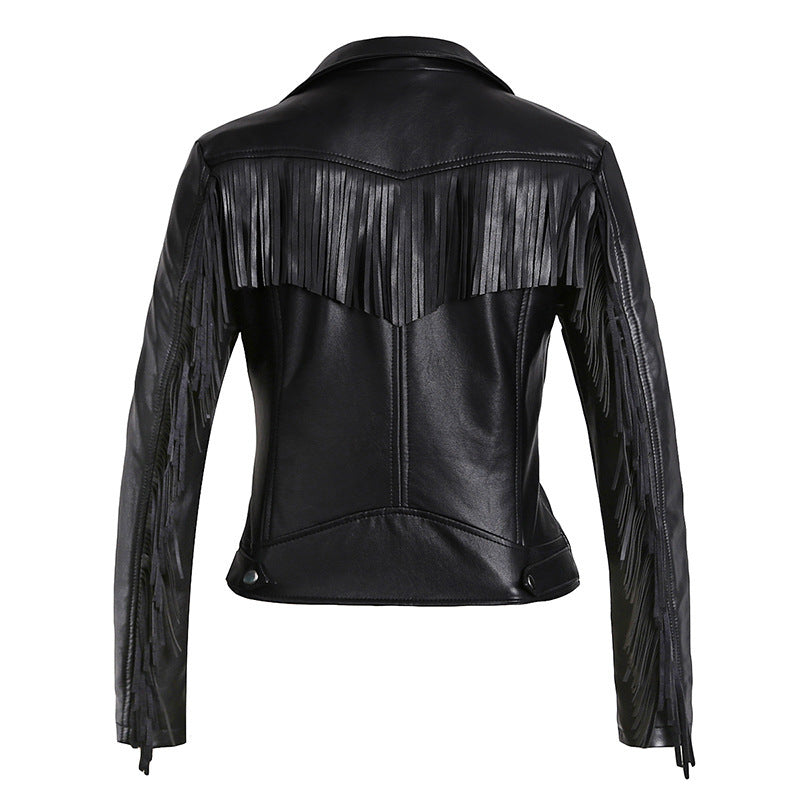 European And American Tassel Oblique Zipper Leather Women’s Slim Coat Motorcycle Street