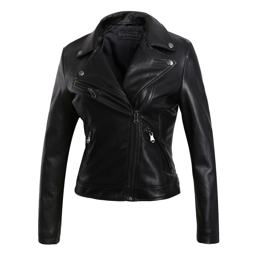 European And American Tassel Oblique Zipper Leather Women’s Slim Coat Motorcycle Street - Black / S