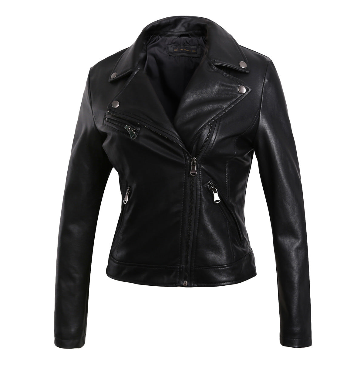 European And American Tassel Oblique Zipper Leather Women’s Slim Coat Motorcycle Street - Black / S