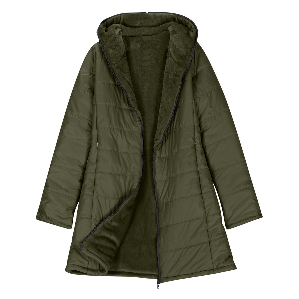 European And American Zipper Outer Wear Hooded Warm Fleece-lined Mid-length Winter Women’s Coat