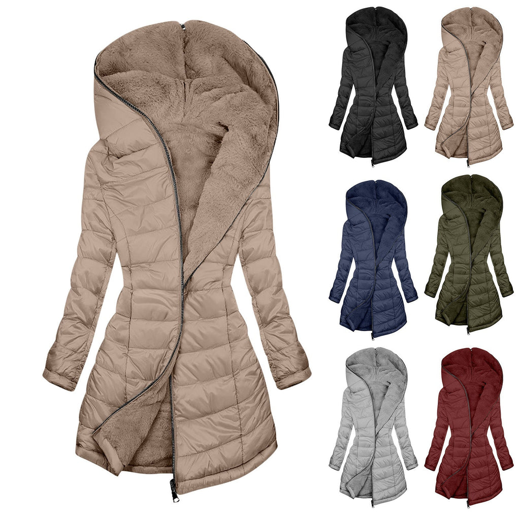 European And American Zipper Outer Wear Hooded Warm Fleece-lined Mid-length Winter Women’s Coat