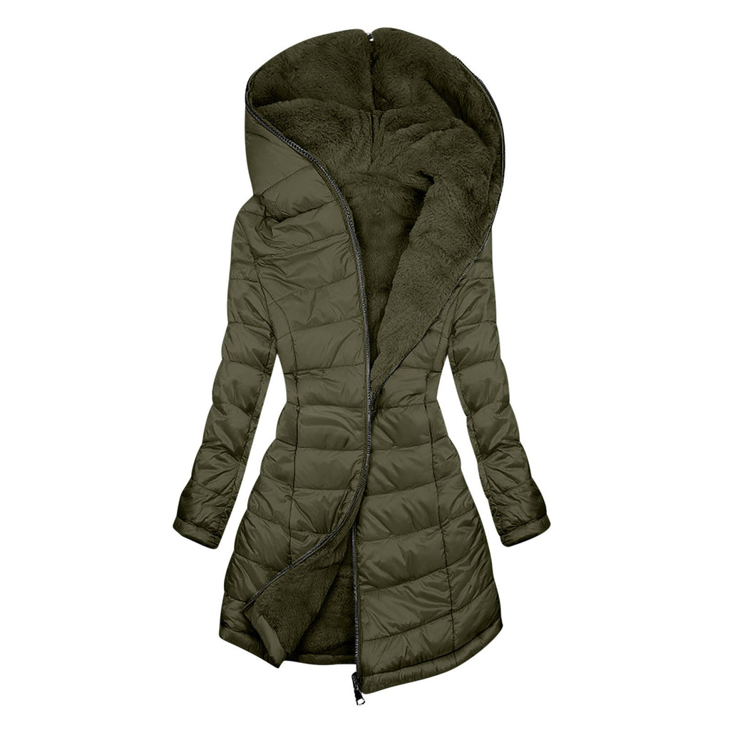 European And American Zipper Outer Wear Hooded Warm Fleece-lined Mid-length Winter Women’s Coat - Army Green / S