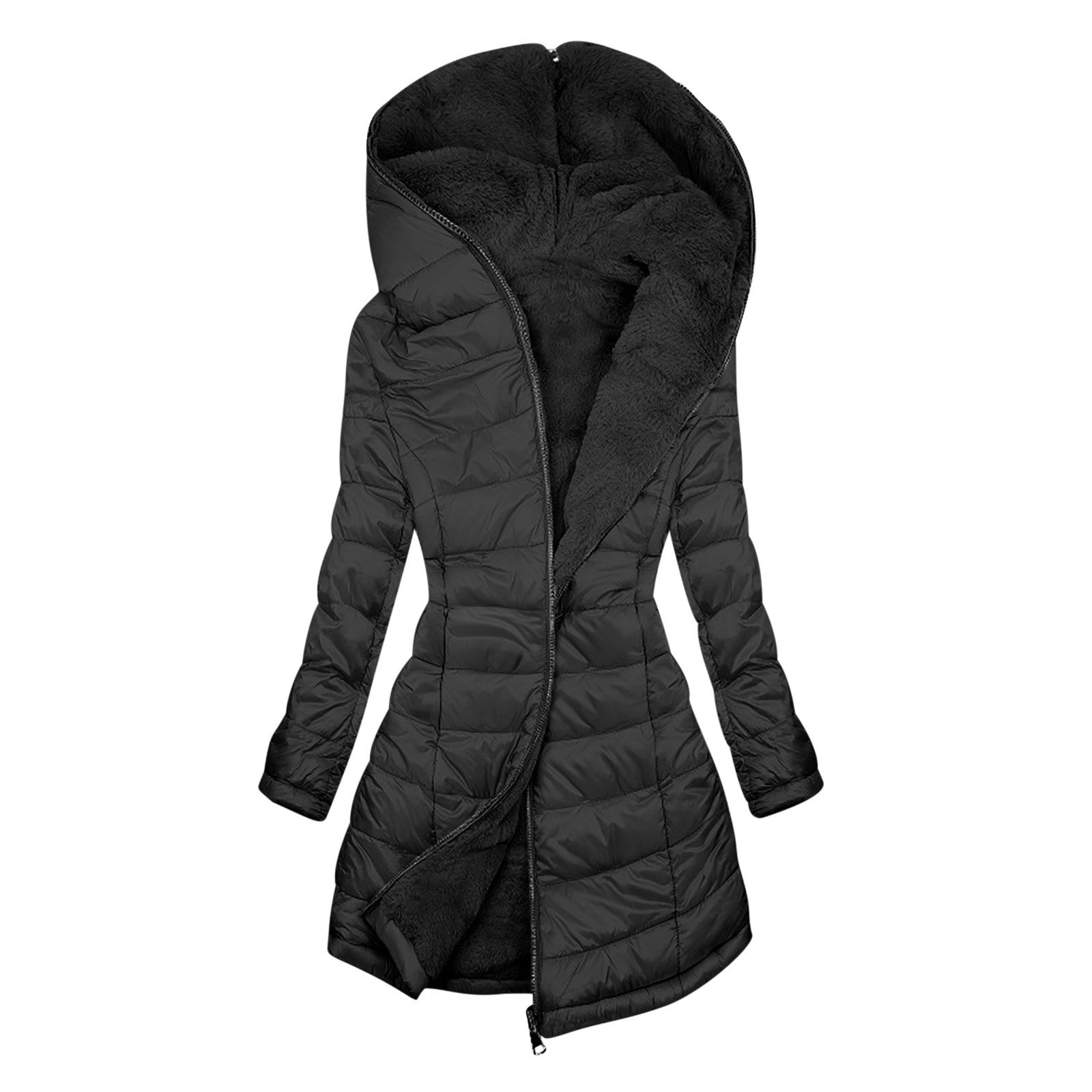 European And American Zipper Outer Wear Hooded Warm Fleece-lined Mid-length Winter Women’s Coat - Black / S
