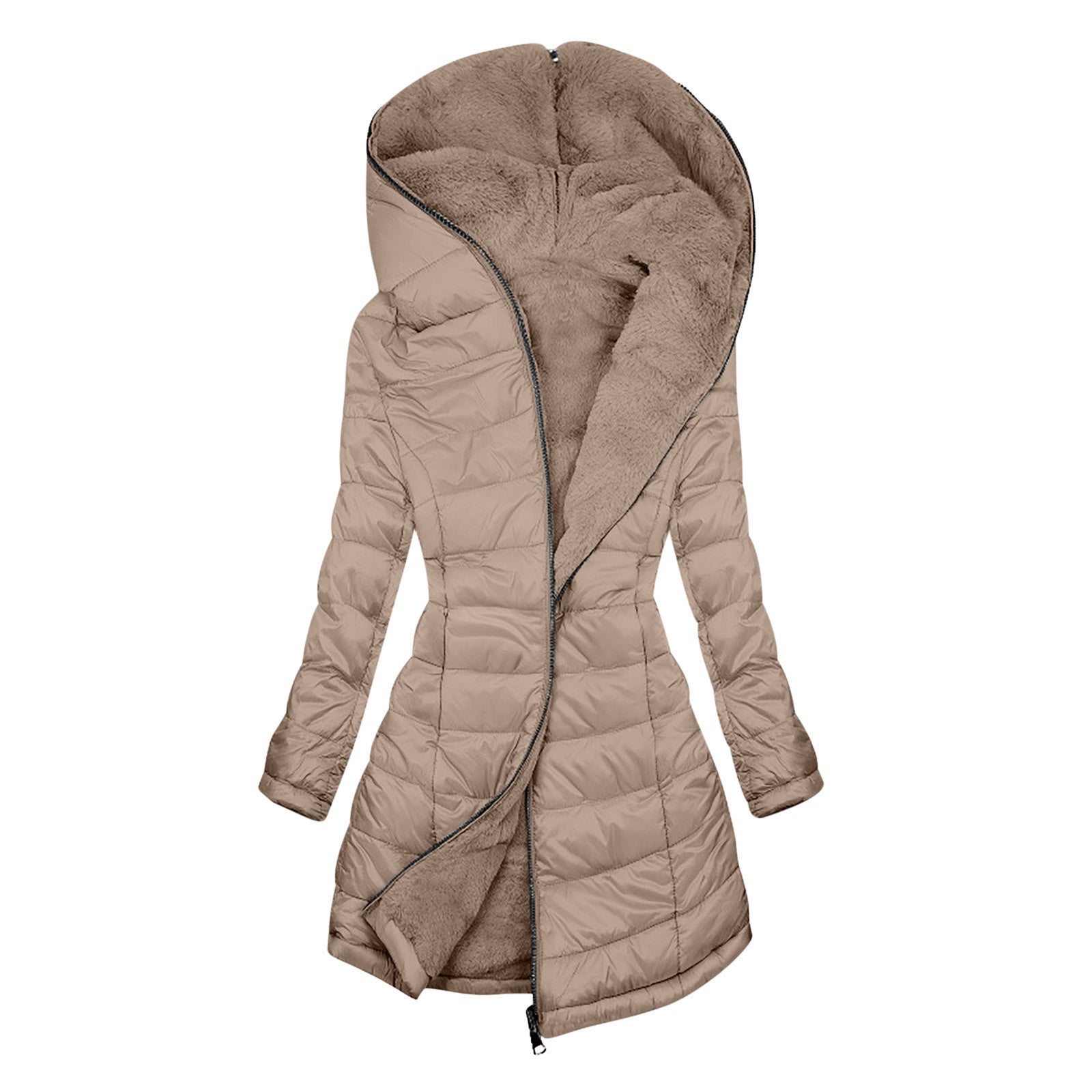 European And American Zipper Outer Wear Hooded Warm Fleece-lined Mid-length Winter Women’s Coat - Camel / S