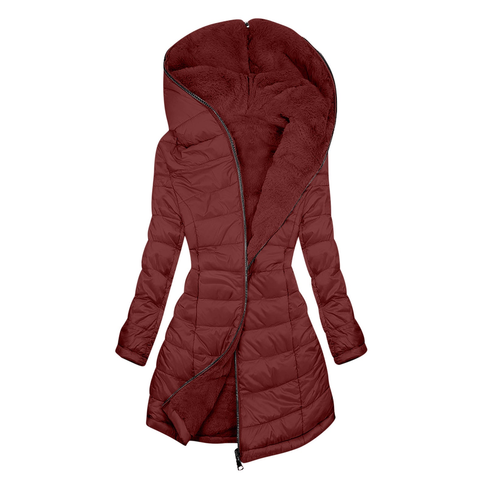 European And American Zipper Outer Wear Hooded Warm Fleece-lined Mid-length Winter Women’s Coat - Dark Red / S