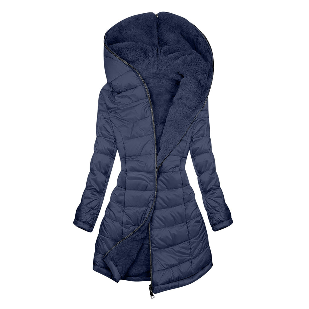 European And American Zipper Outer Wear Hooded Warm Fleece-lined Mid-length Winter Women’s Coat - Navy Blue / S