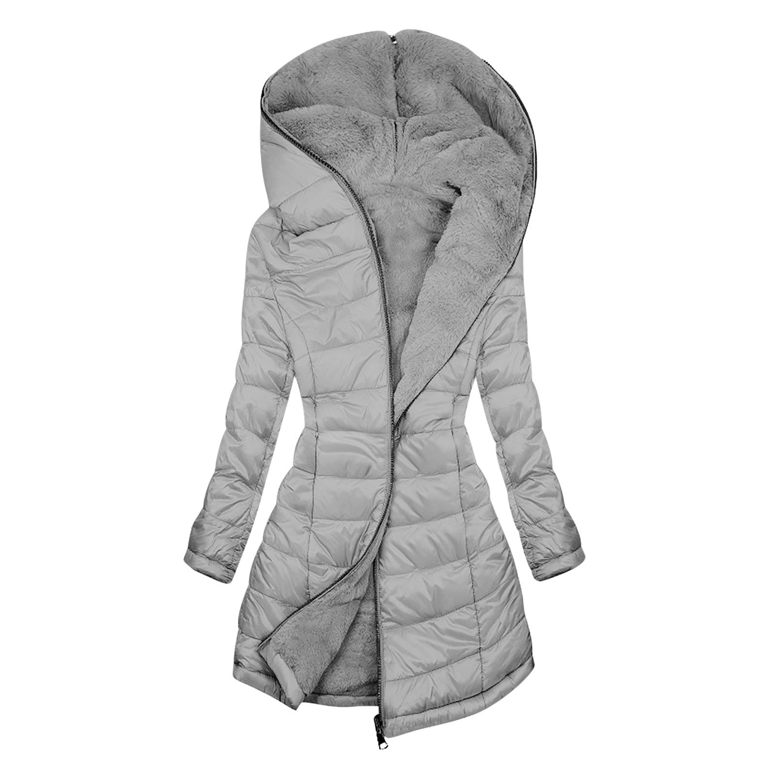 European And American Zipper Outer Wear Hooded Warm Fleece-lined Mid-length Winter Women’s Coat - Silver / S