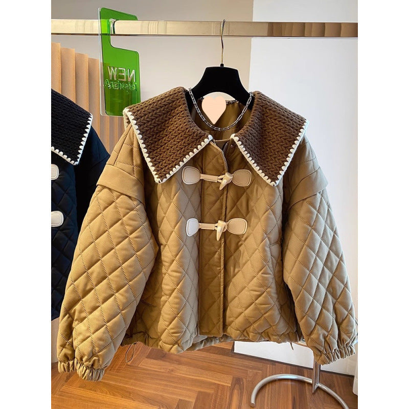 Women’s High Angle Button Loose Knit Spliced Cotton Jacket