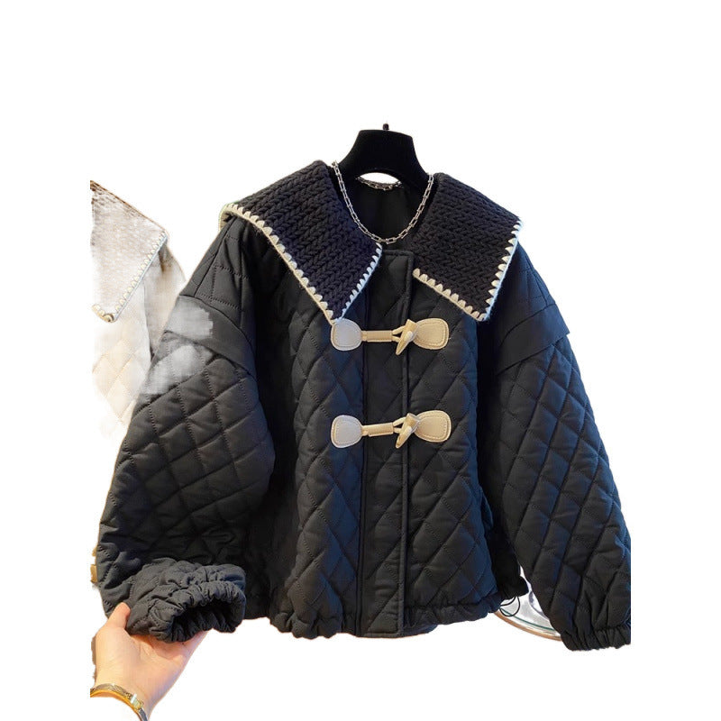 Women’s High Angle Button Loose Knit Spliced Cotton Jacket