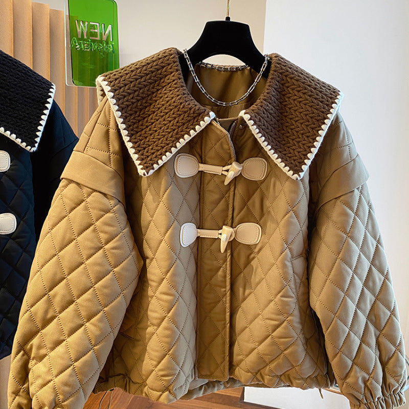 Women’s High Angle Button Loose Knit Spliced Cotton Jacket