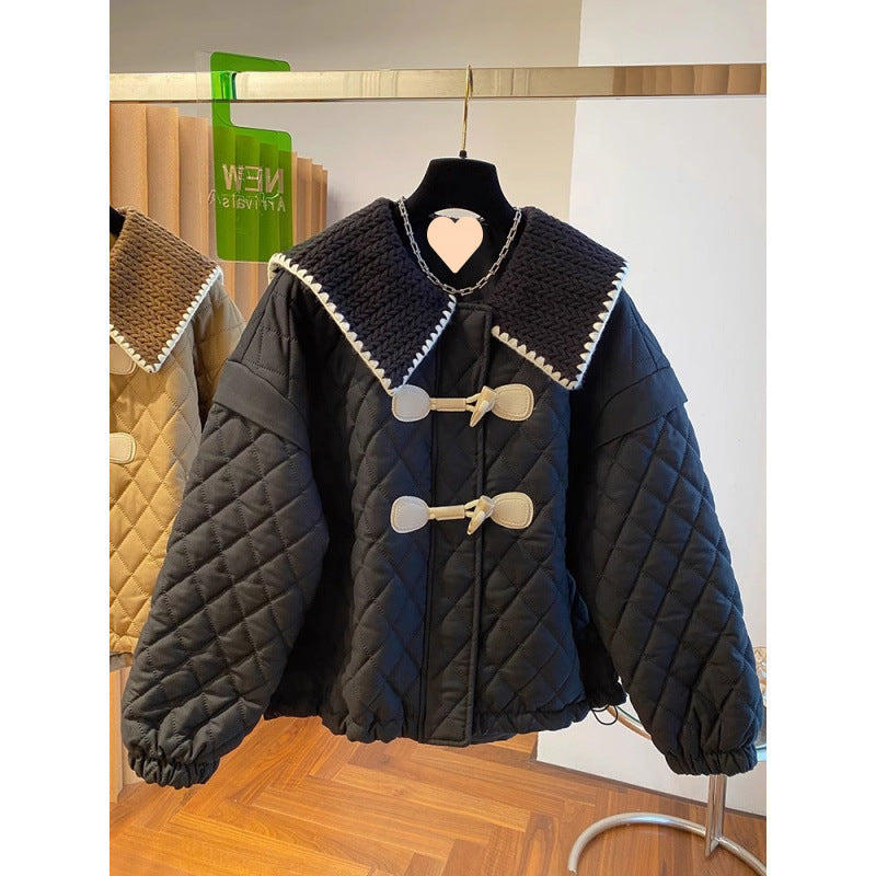 Women’s High Angle Button Loose Knit Spliced Cotton Jacket