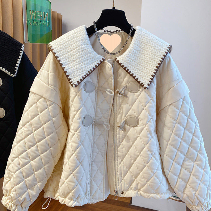 Women’s High Angle Button Loose Knit Spliced Cotton Jacket - Beige / S