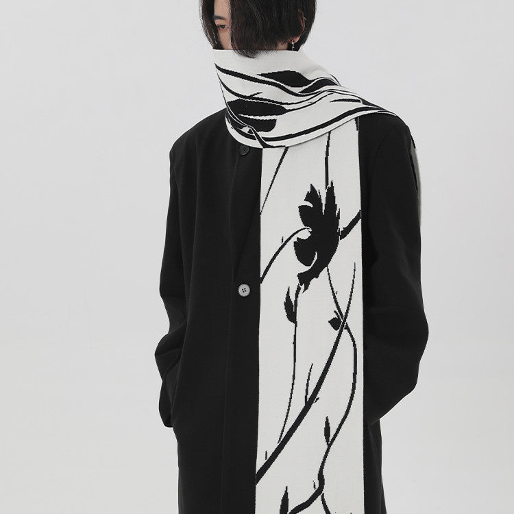 Original Hand-painted Black And White Thorn Rose Winter Neck Warmer Dehaired Angora Couple Scarf - White