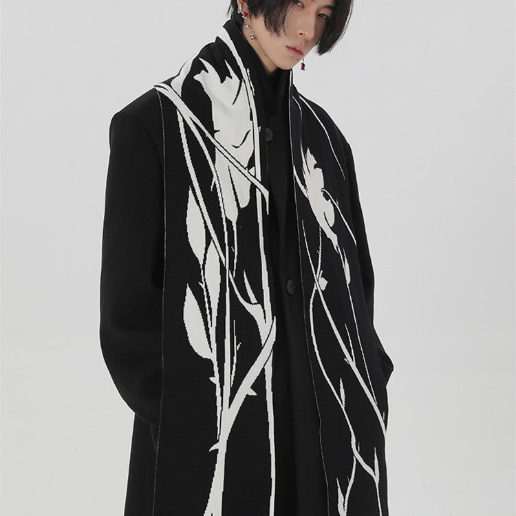 Original Hand-painted Black And White Thorn Rose Winter Neck Warmer Dehaired Angora Couple Scarf - White