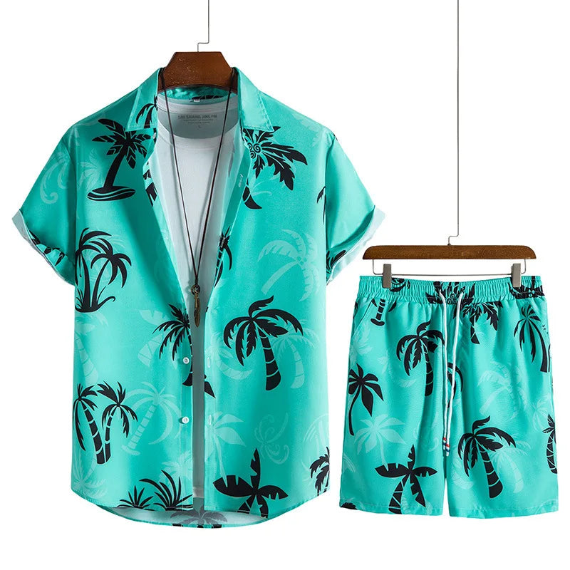 Men’s Coconut Tree Beach Shirt Sets Summer Hawaii Style Casual 2 Piece Suit Outfit Set - 1 / 4XL