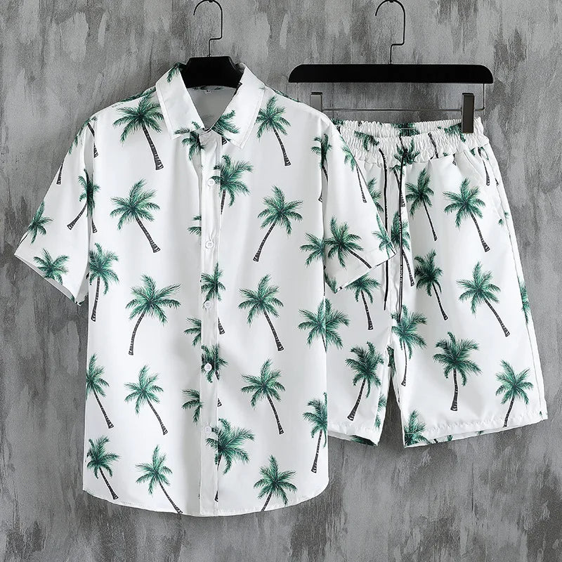 Men’s Coconut Tree Beach Shirt Sets Summer Hawaii Style Casual 2 Piece Suit Outfit Set - 10 / 4XL