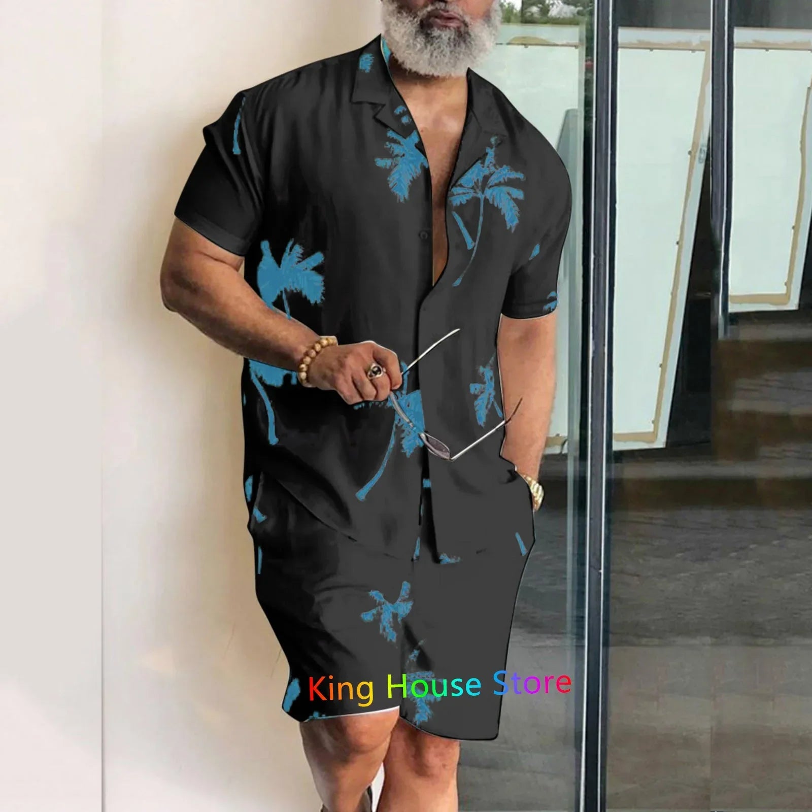 Men’s Coconut Tree Beach Shirt Sets Summer Hawaii Style Casual 2 Piece Suit Outfit Set - 12 / 4XL
