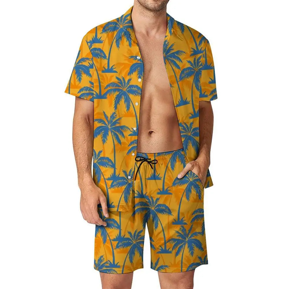 Men’s Coconut Tree Beach Shirt Sets Summer Hawaii Style Casual 2 Piece Suit Outfit Set - 13 / 4XL