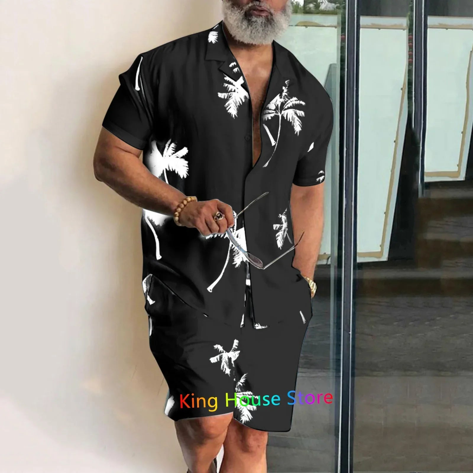 Men’s Coconut Tree Beach Shirt Sets Summer Hawaii Style Casual 2 Piece Suit Outfit Set - 14 / 4XL