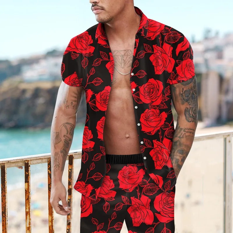 Men’s Coconut Tree Beach Shirt Sets Summer Hawaii Style Casual 2 Piece Suit Outfit Set - 17 / 4XL