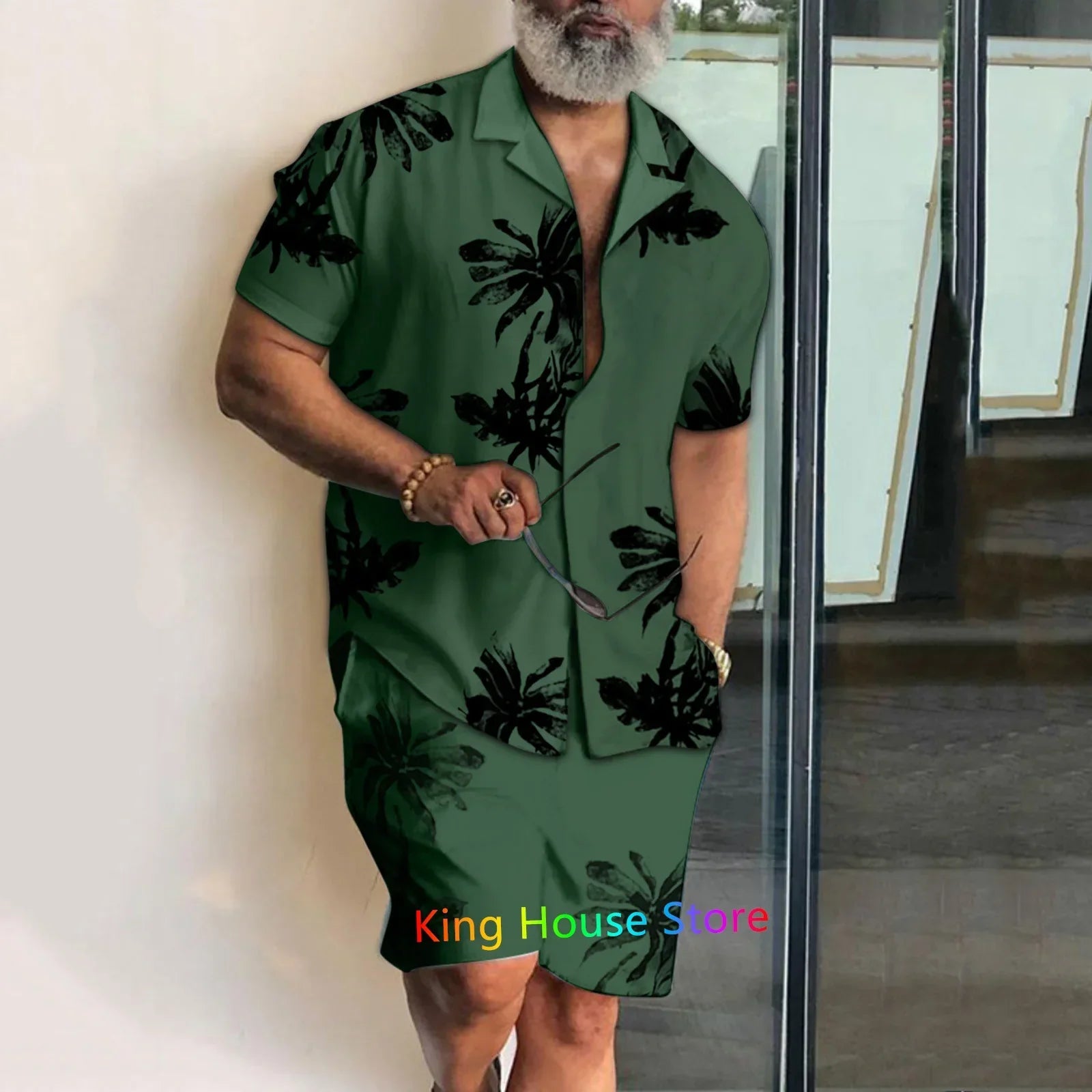 Men’s Coconut Tree Beach Shirt Sets Summer Hawaii Style Casual 2 Piece Suit Outfit Set - 20 1 / 4XL