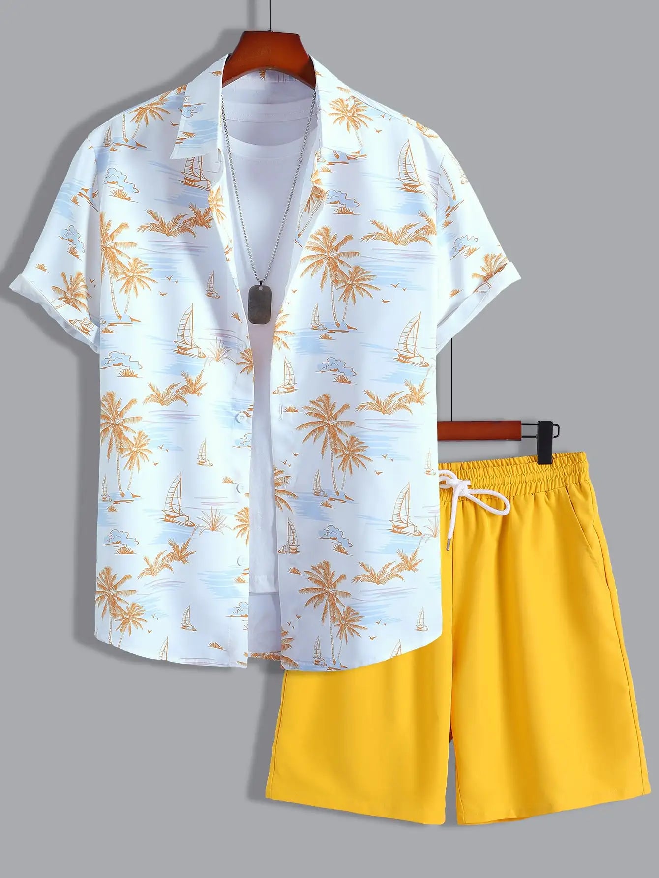 Men’s Coconut Tree Beach Shirt Sets Summer Hawaii Style Casual 2 Piece Suit Outfit Set - 22 / 4XL