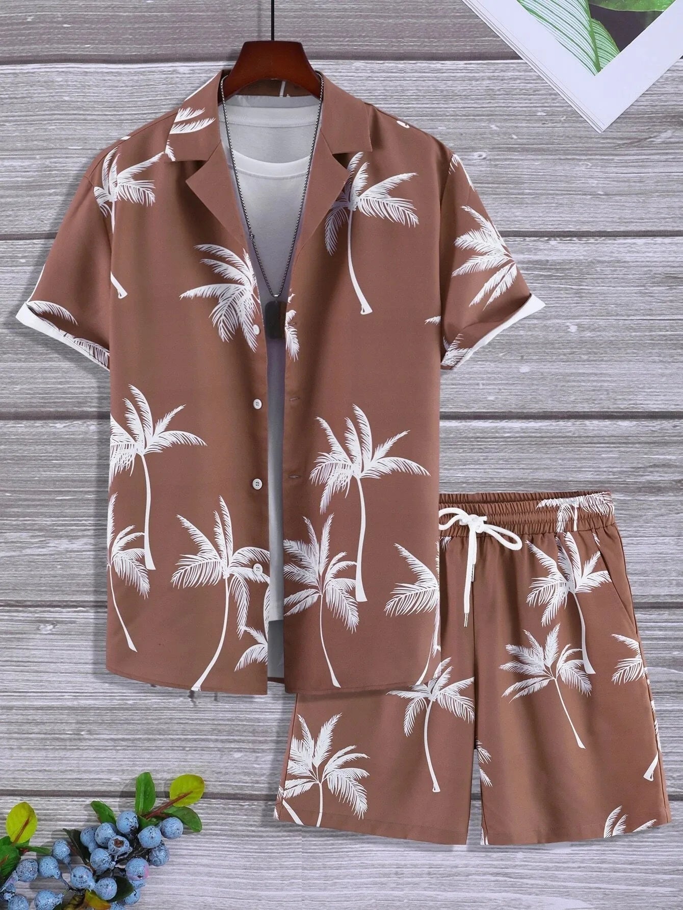 Men’s Coconut Tree Beach Shirt Sets Summer Hawaii Style Casual 2 Piece Suit Outfit Set - 23 / 4XL