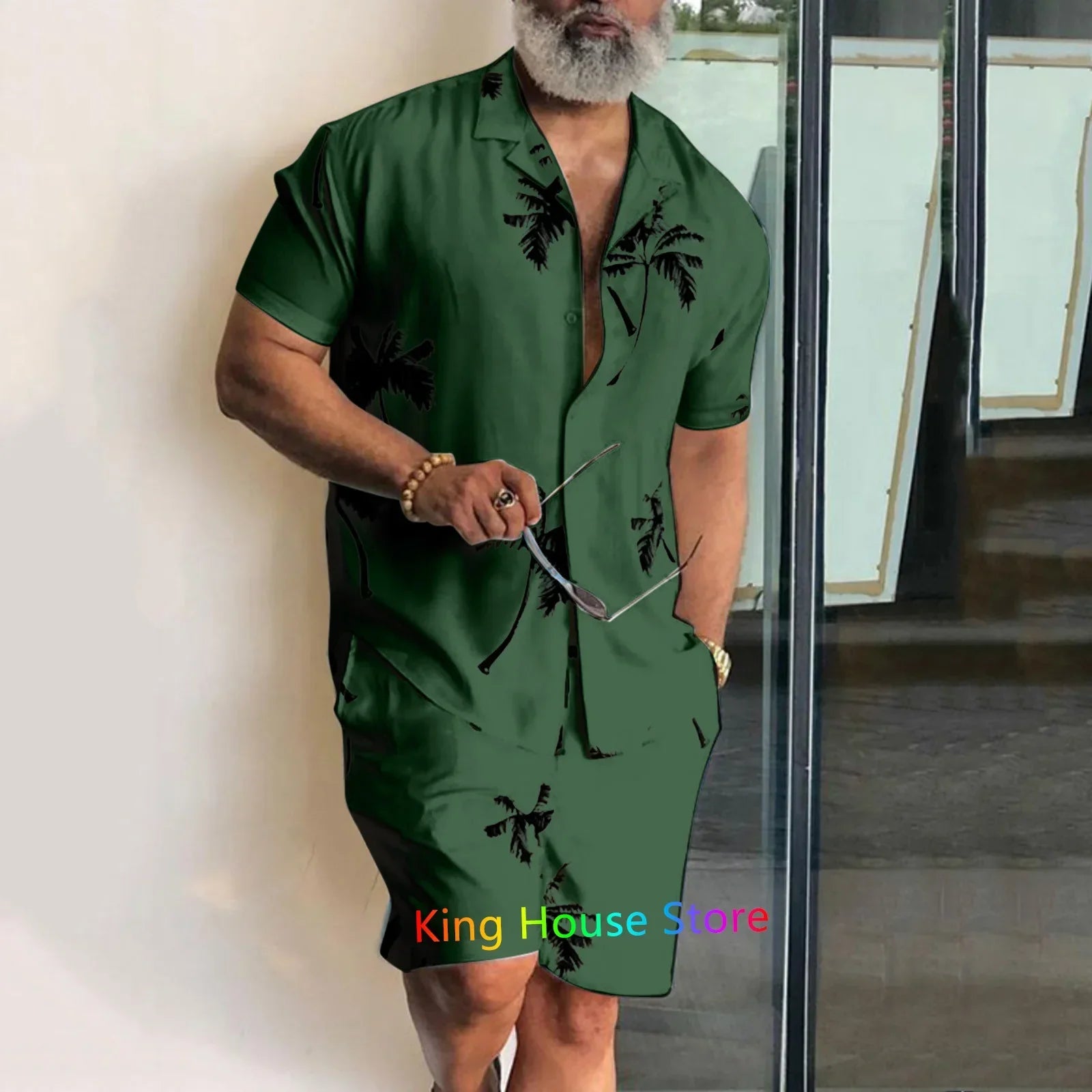 Men’s Coconut Tree Beach Shirt Sets Summer Hawaii Style Casual 2 Piece Suit Outfit Set - 4 / 4XL