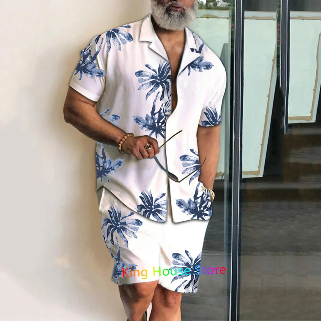 Men’s Coconut Tree Beach Shirt Sets Summer Hawaii Style Casual 2 Piece Suit Outfit Set - 5 / 4XL