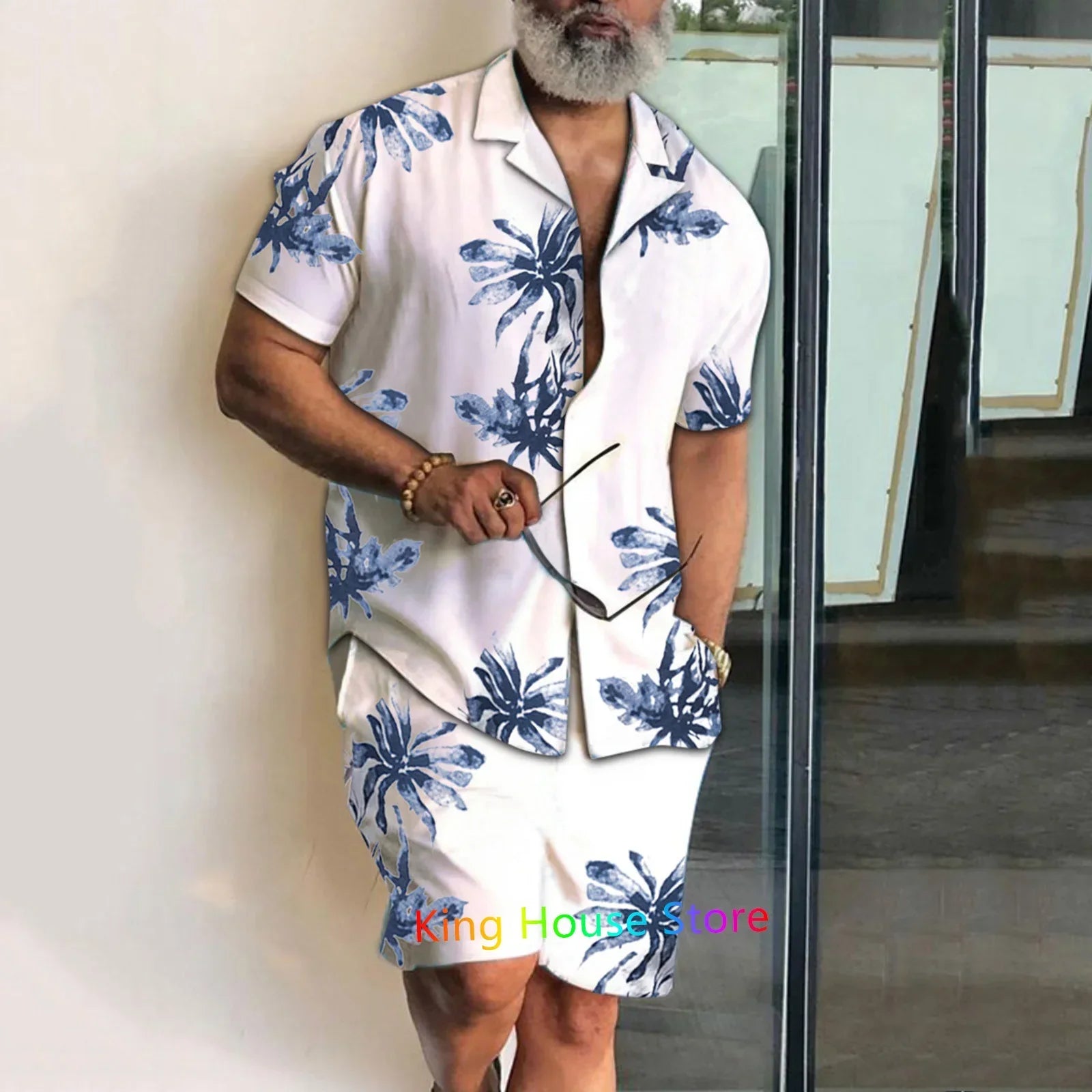 Men’s Coconut Tree Beach Shirt Sets Summer Hawaii Style Casual 2 Piece Suit Outfit Set - 5 / 4XL
