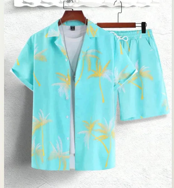 Men’s Coconut Tree Beach Shirt Sets Summer Hawaii Style Casual 2 Piece Suit Outfit Set - 6 / 4XL
