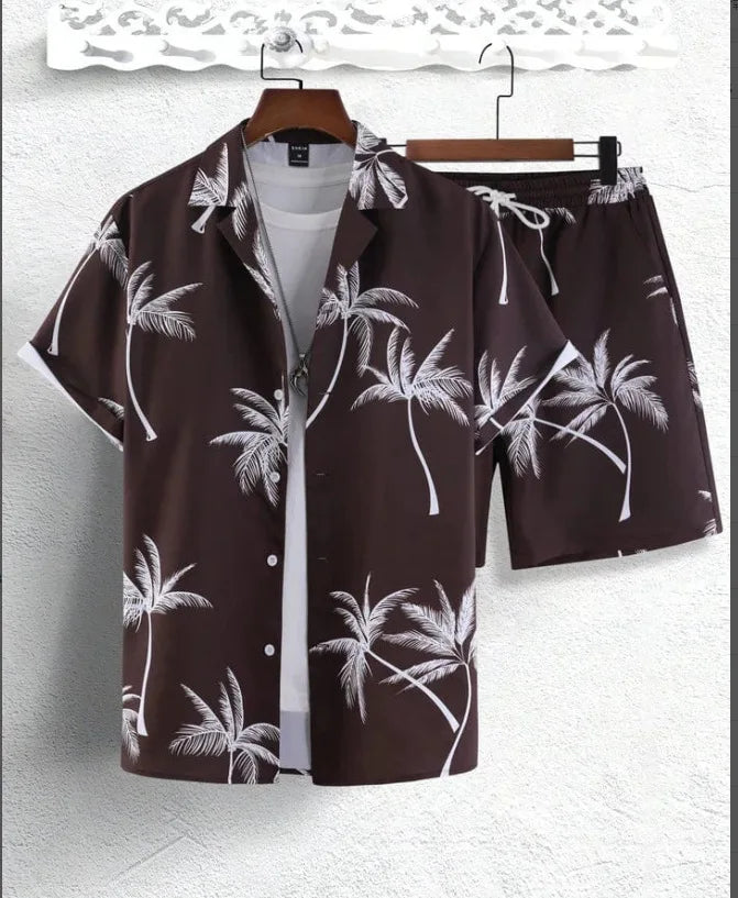 Men’s Coconut Tree Beach Shirt Sets Summer Hawaii Style Casual 2 Piece Suit Outfit Set - 7 / 4XL